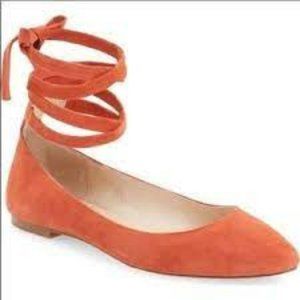 Vince Camuto Bevian Papaya Orange Suede Ankle Tie Strap Ballet Flat ** SZ 9M